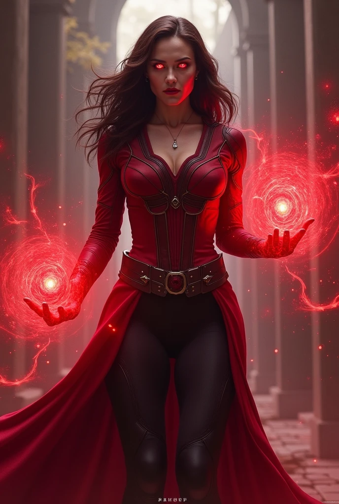 Character Design reference. A woman with a soul of pure evil and hatred. Alluringly posed, A confidant, sexy pose of a Beautiful and powerful evil nazi supervillain woman with medium length brunette layered hair, green eyes, and red lips, a sinister look across her face.  She is wearing a black choker with a red ruby swaztika on it, sleek gray pleated minidress with a red swaztika on her red armband,and posing with a glowing artifact of immense power in her hands. In the background are hundreds of mind controlled colorful costumed heroes in chains.