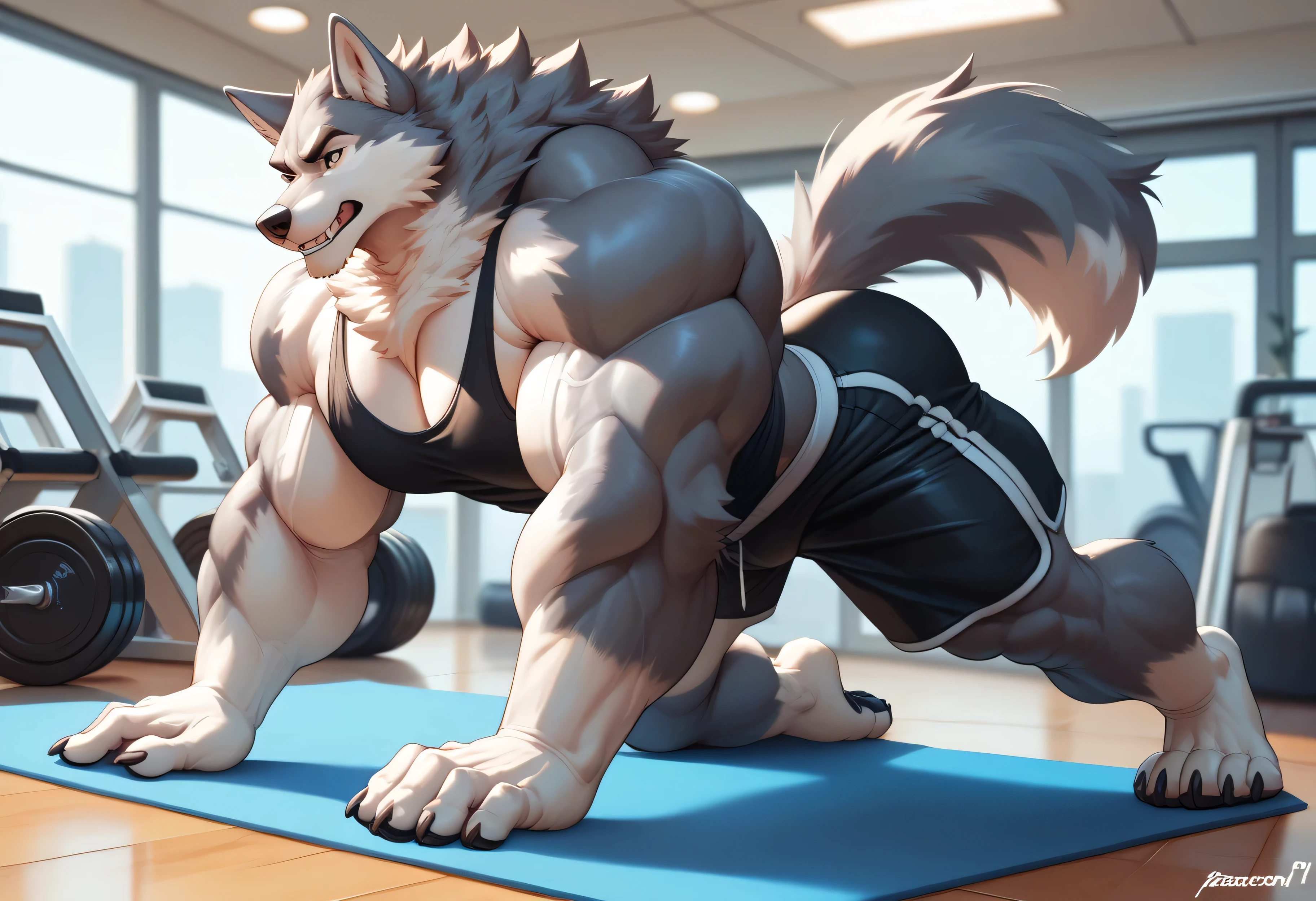 muscle wolf, (((wolf))), canid, furry, (muscle, muscular, hypertrophy), ((gray fur)), male, long snout, paws, claws, plantigrade, ((muscle neck)), ((wide shoulders)), ((muscle arms)), ((massively huge pecs)), ((extremely wide hips, massively muscular thighs, hyper bottomheavy)), correct anatomy, ((indoors, push ups, black tank top, black shorts))