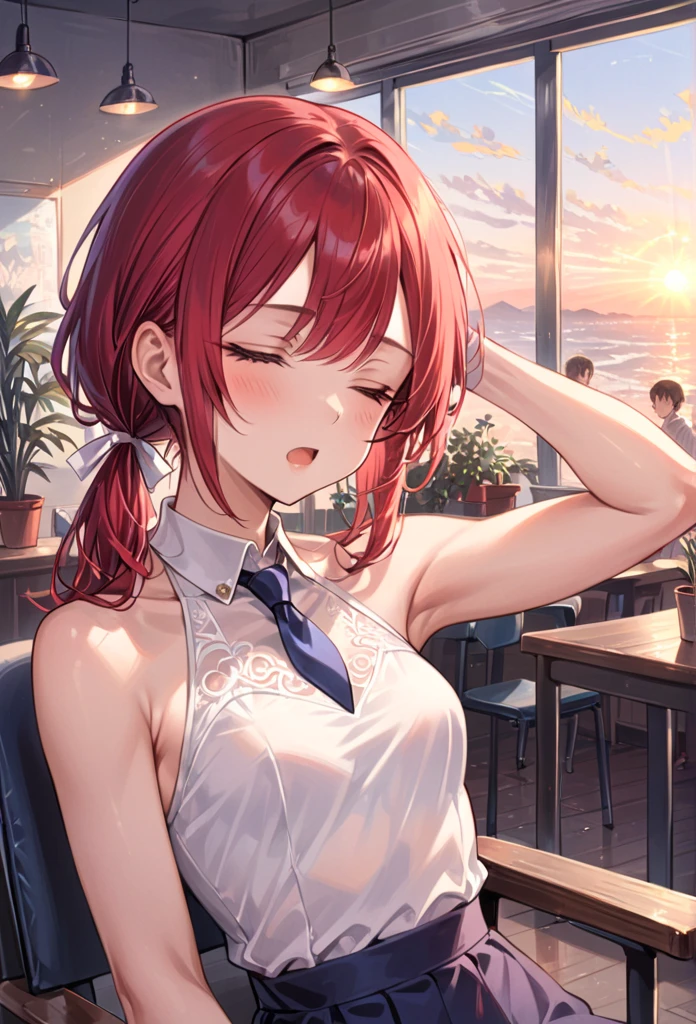 (masterpiece, Best quality:1.2), One, 1 girl, Red hair, yellow eyes, Hands,, unbuttoned collared shirt, on the chest, A lot, black unbuttoned trousers, wide hips, we are , Wet, hot, wide hip, thick thighs, very detailed beautiful face, beautiful skin, cum on e, view from above, erotica, s