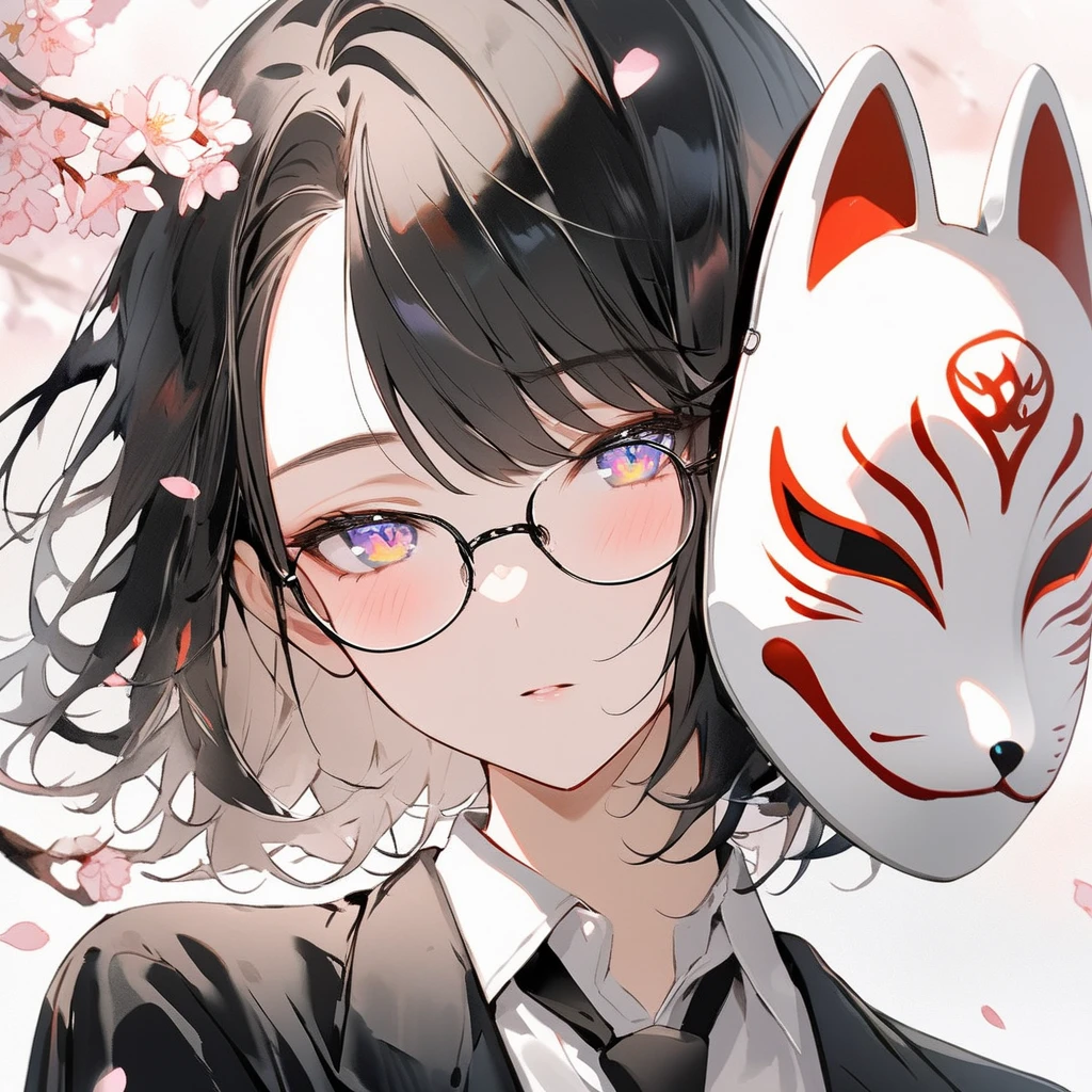 1boy, solo, portrait, black hair, swept bangs, rimless eyewear, black necktie, black jacket, white shirt, fox mask, cover your face with a mask, cherry blossoms, white fox on the background, half-closed eyes, contrast, professional quality, high resolution, high quality, [[multicolored eyes<reflection]], [[multicolored eyes<glass-like watercolor painting]], delicate writing,