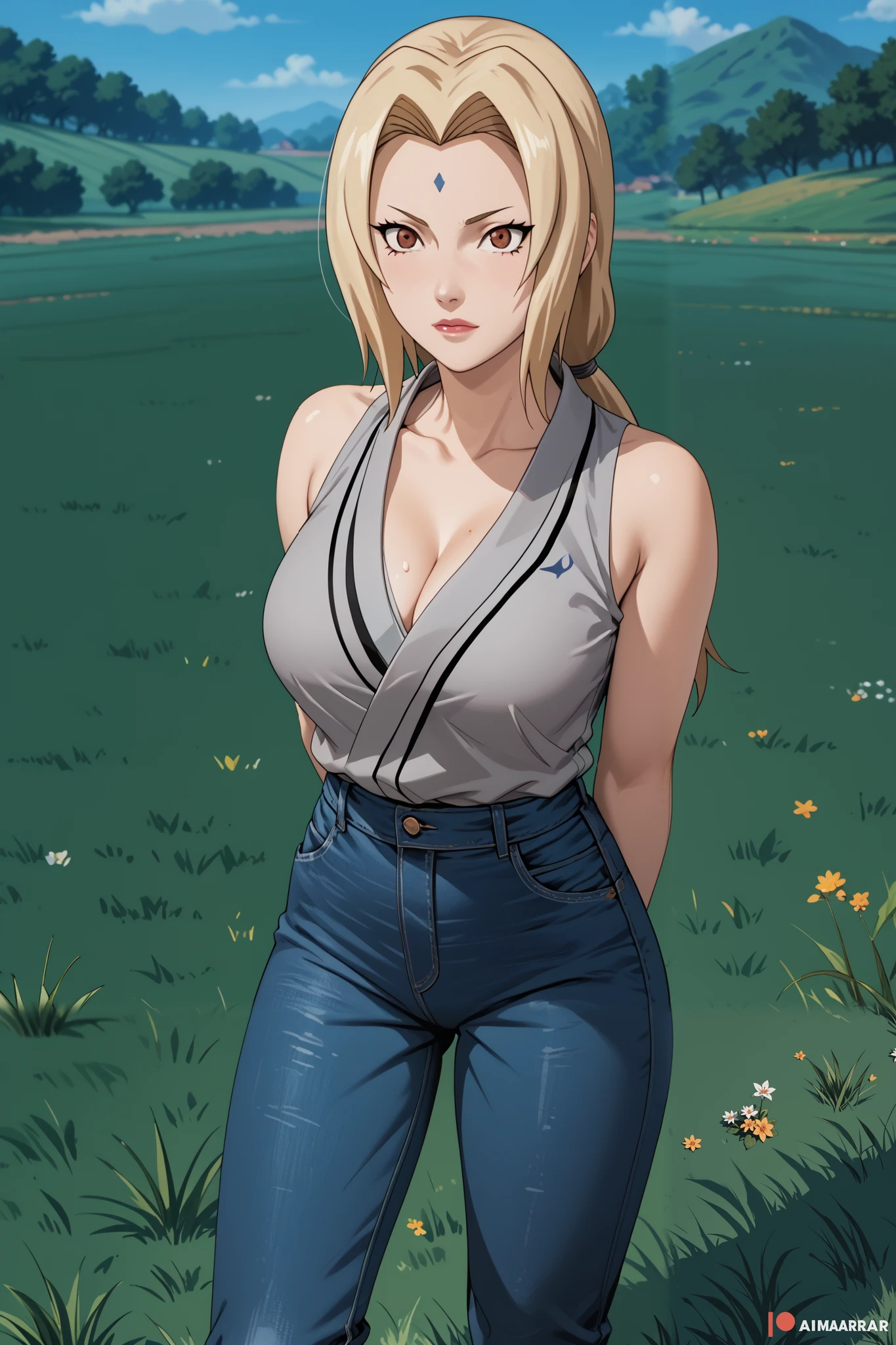 Masterpiece, extremely detailed,4k,solo,1girl,Tsunade,full body,perfect slim body, stand up,ambarrased ,long legs ,perfect slim body,large breasts, ((kawai face)),embarassed ekspression, arms behind back, cowboy shoot,((grass)), front look, looking at viewers, grey kimono, sleeveless, slimfit jeans
