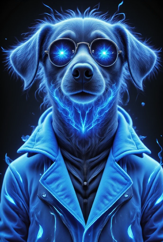 The best cell phone wallpaper, Award-Winning Wallpaper, portrait photography, In the front view is a portrait of a cute dog wearing mid-1960s space age fashion, Side view photo, Shot with Canon EOS R5, Set a strong contrast that accentuates the subject, Fluorescent blue tone, Wearing a very modern coat and sunglasses is a modern 1960s style, Clothes all in one color, beautiful background