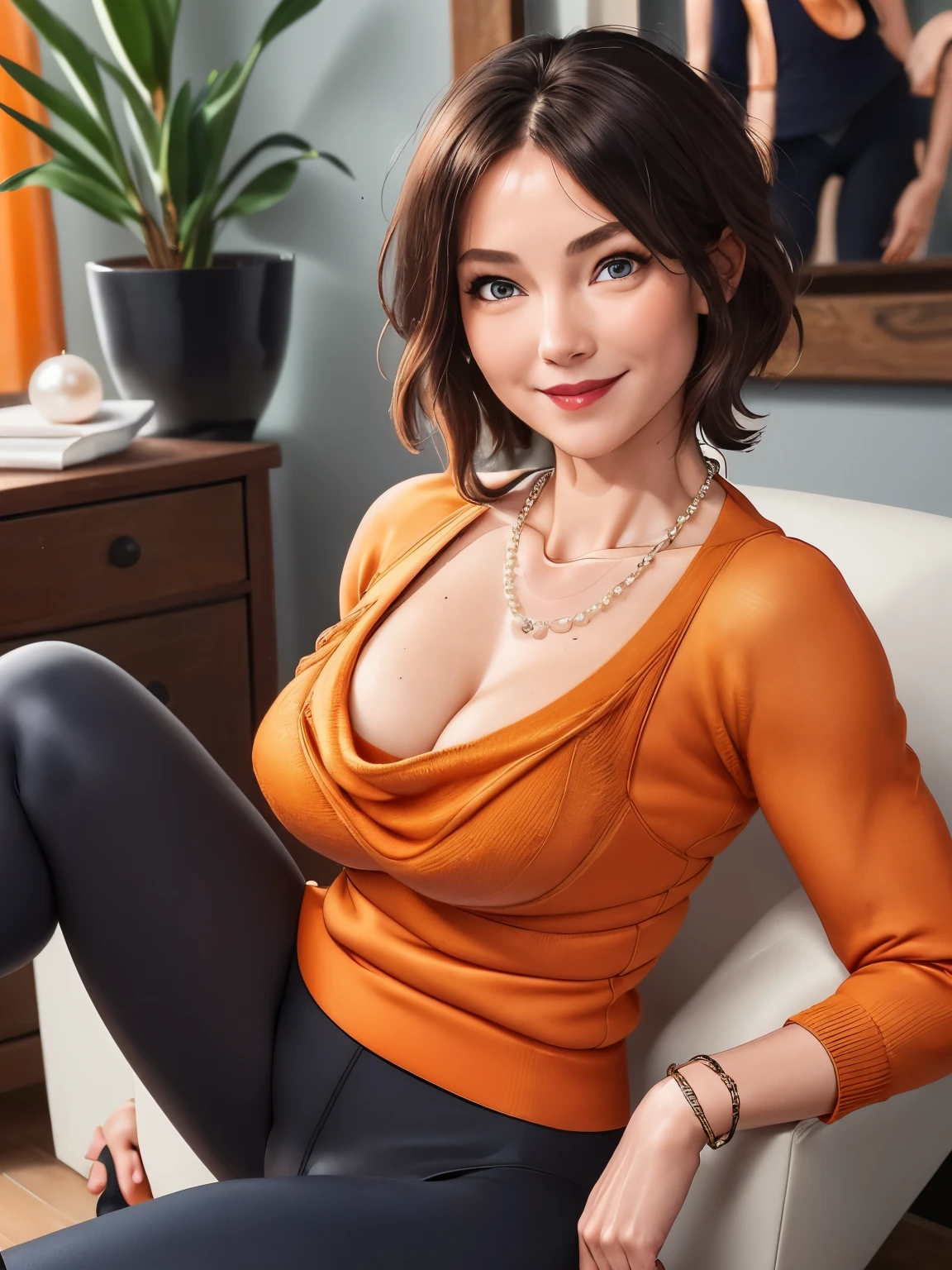 Masterpiece, best quality, (detailed beautiful face, detail skin texture, ultra-detailed body:1.1), (extremely detailed CG), High Detail, ((1girl)), ((solo)), 45 years old, slight wrinkles around the face, mature woman, MILF, short brown hair, blue eyes, mascara, red lipstick, ((Wearing: Orange V-neck sweater, pearl necklace, Lululemon-branded black leggings and heels)), she's smiling, looking at viewer, indoors, living room, intricate background.
