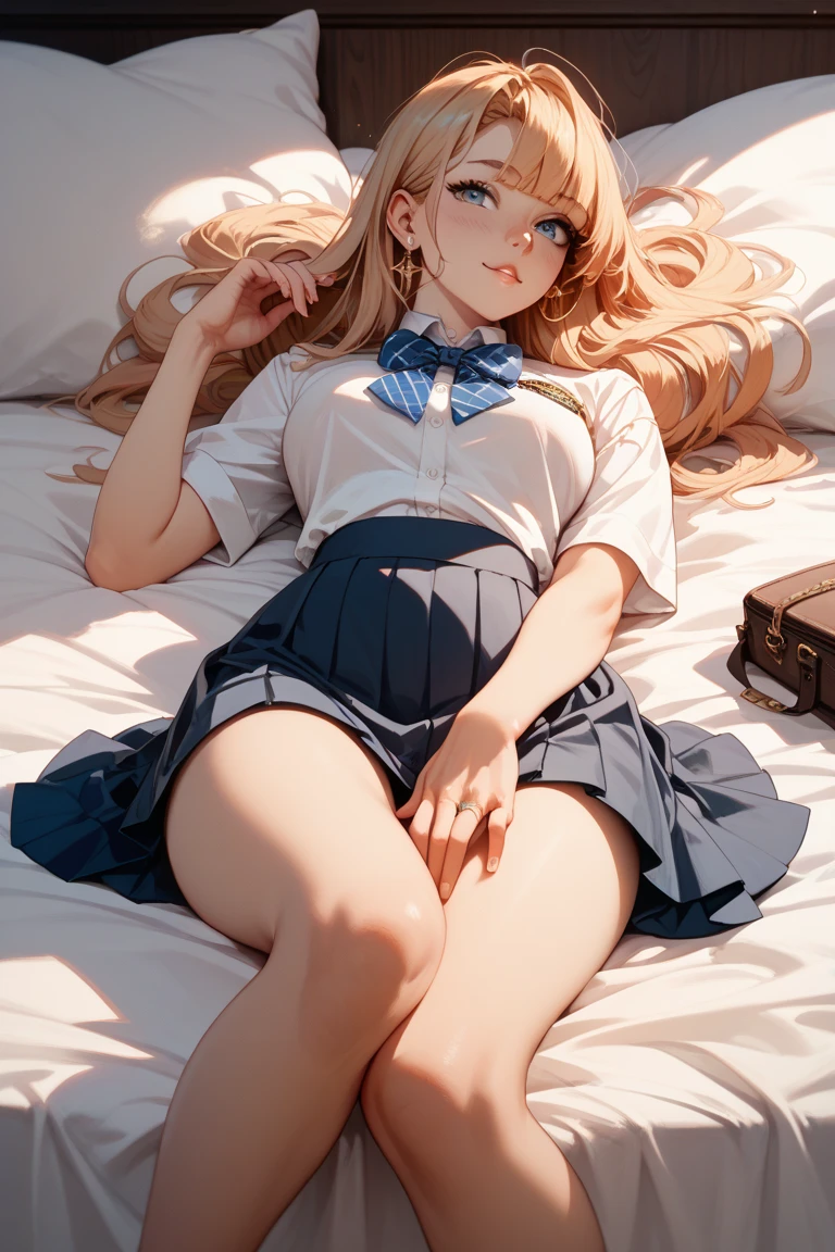 masutepiece, Best Quality,Photorealsitic,NSFW,Detailed Focus:1.3, 1人の女性,School uniform,on the beds,((Lying on your back:1.3)),(Bend your knees and open your legs:1.3) ,White string panties,Looking at Viewer, Cute, medium breasts, Yellow eyes,  Pleated skirt with tartan plaid pattern,  Yellow hair, Long hair,Beautiful detailed eyes, embarrassed,Late night bedroom background,(Low position shooting 1.5),(Close-up in panties:1.32),Anatomically accurate drawing,A detailed face,Detailed skin,Detailed underwear