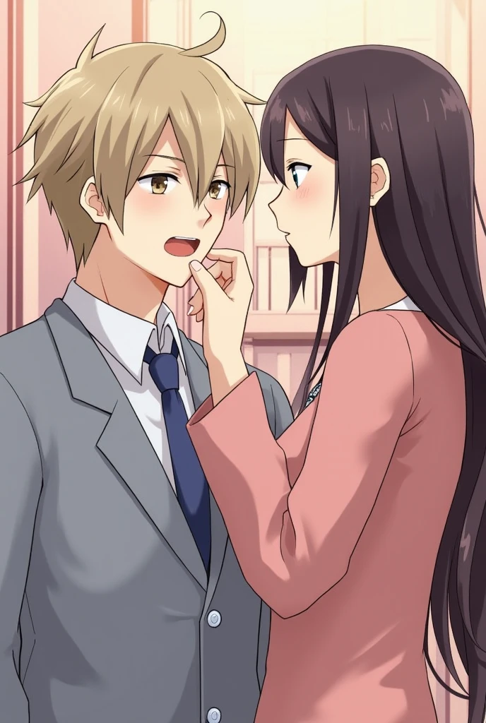 blush, shirt, 1boy, white shirt, short sleeves, indoors, sweatdrop, pillow, bed, t-shirt, imminent sex, embarrassed, eye contact, hands on own breasts, facing each other, husband and wife, lamp, bedroom, yes-no pillow, yes, loid forger, yor forger, 1girl, hair down  <lora:FSH-LEO:1>