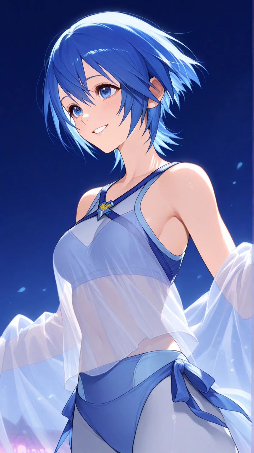  Kingdom Hearts、(((Aqua)))、((whole body))、 from the side 1 girl 、((Blue Hair))、 short hair 、Happy face、town、 spats、see through、