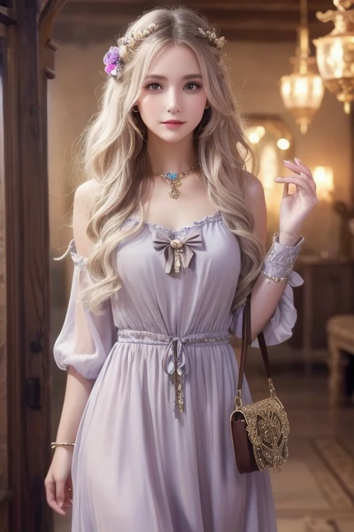  One Girl ,  long hair, Light Hair Color,  enchanting eyes,  Mysterious Expressions , Mature Appearance, Attractive dress,  Relaxed Dress, Graceful Jewels , Intricate decoration, Magic symbols, Glowing Accessories,  potion , Scroll, Cute accent, bow, ribbon, flower,