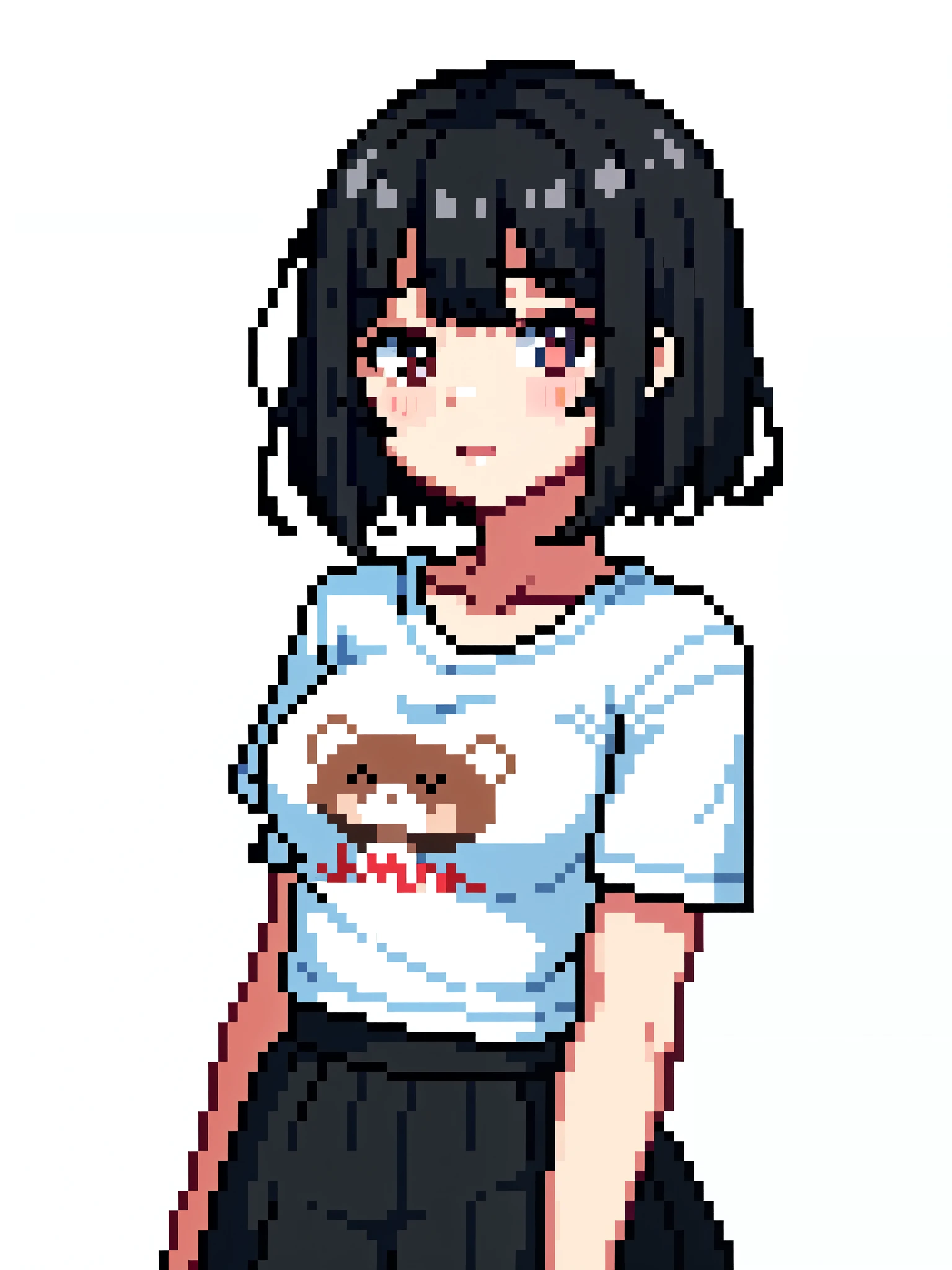 Raw photo, 1girl, medium breast, upper body, tshirt white with cute bear on it, black hair wolfcut hairstyle, ahegao expression, blushing on her cheeks, seducing expression, short skirt