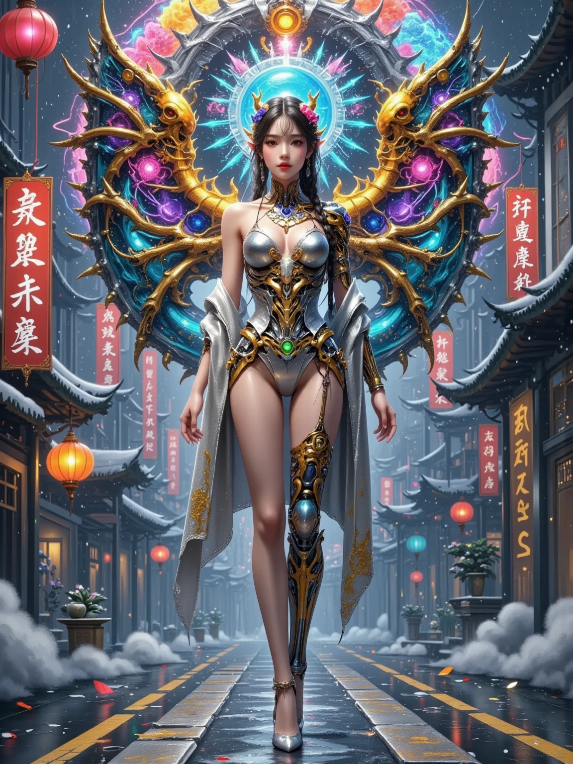 Chinese style master work, (best quality, high resolution, masterpiece:1.2), Super detailed, lifelike, shining, Traditional Chinese ink painting, Willow branches, Wu Changshuo, ((masterpiece)), best quality, illustration, 1girl , Small Breasts, Beautiful and delicate eyes, Beautiful and detailed cyberpunk city, flat chest, Beautiful and fine hair, curls, Beautiful detailed streets, Mecha clothes, Robot girl, cool movement, Silver tights, (Filigree), Dragon Wings, Color Background, A dragon stands behind the girl, rain, (Lightning Effect), Exquisite and detailed silver dragon armor, (Cold Face), work, Dazzling colors, Stunning visuals, otherworldly appearance, Fascinating artistry, Focus on your audience, First-person perspective, Anatomically correct, precise, 8K