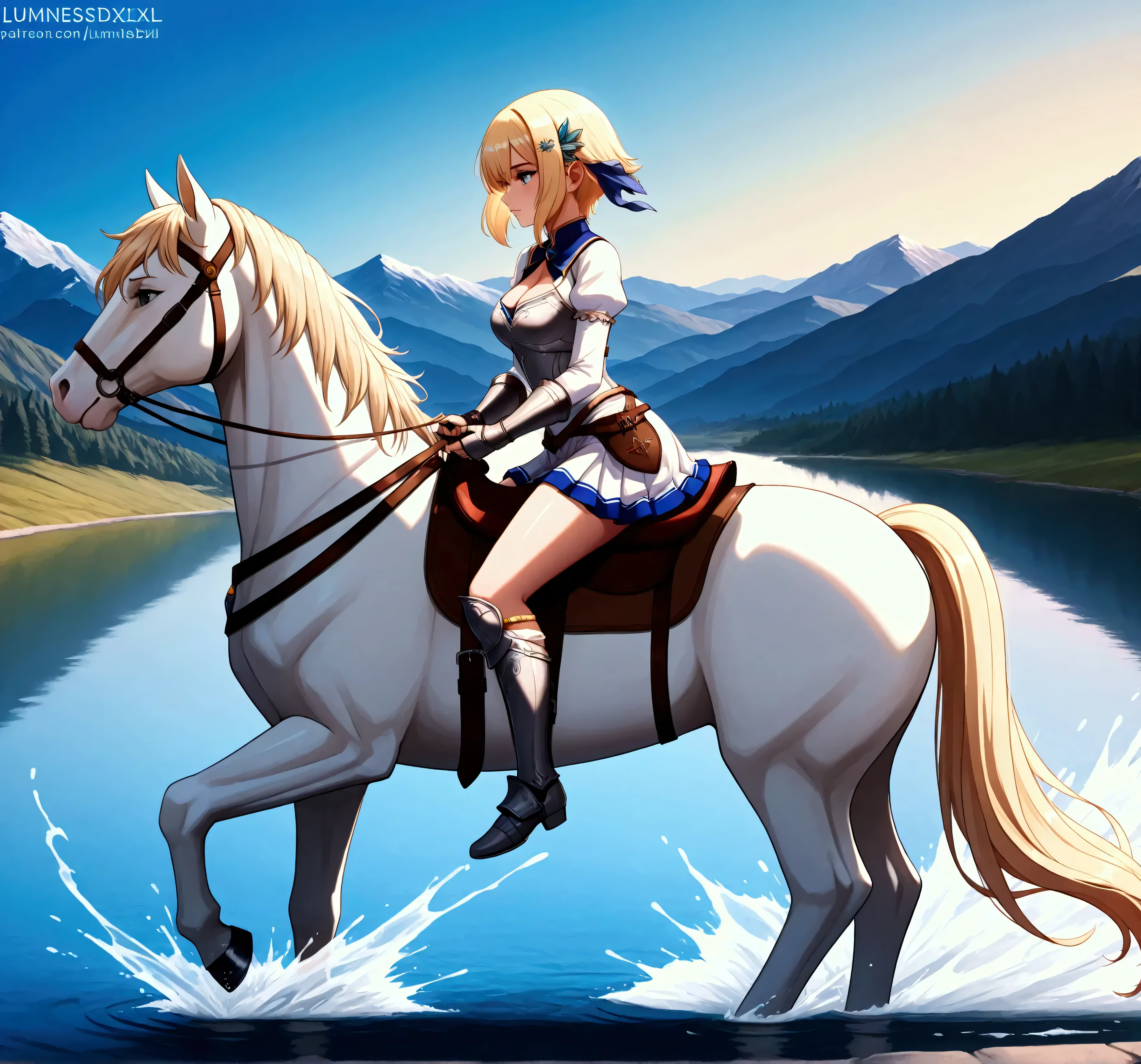 ((best quality)), ((anime masterpiece)), (high detailed), 8k, cinematic lighting, perfect face, perfect hand, riding, horse, (((a young woman wearing in adventurer clothes watching a blue sky while riding on a WHITE HORSE)), ([lumineSDXL, blonde hair, short hair, sidelocks, hair ornament, cleavage, medium breast]), (white dress, miniskirt, breastplate, cleavage, gauntlet, bare legs, greaves, )), BREAK, ([white horse, saddle, reins, bridle, standing]), solo, (in the river, mountainside, water splashes fantasy settings:1), both hand holding rein, from side: 1, anatomically correct