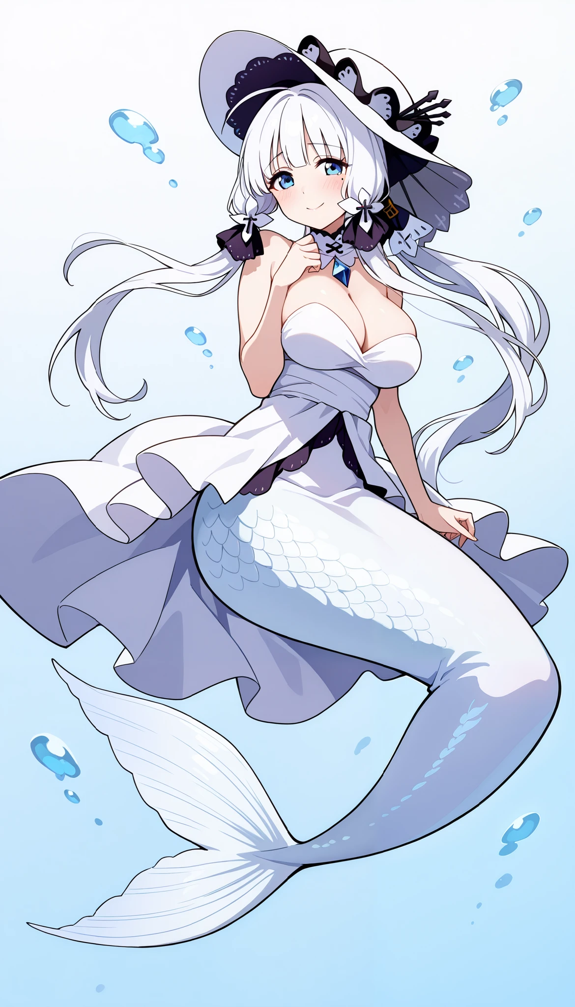 (分Fraction_9, Fraction_8_up, Fraction_7_up,  simple background,
1 Girl,  outstanding - skin 7 ,  ( masterpiece),  ( best quality),( full five fingers), white dress , hat, Big Breasts , clavicle, illustrious, blue eyes, hair ornament, hair ribbon, long hair, mole, mole under eye, white hair,
Mermaid,white mermaid tail, Smile,Shy,Full body picture,Underwater,seabed