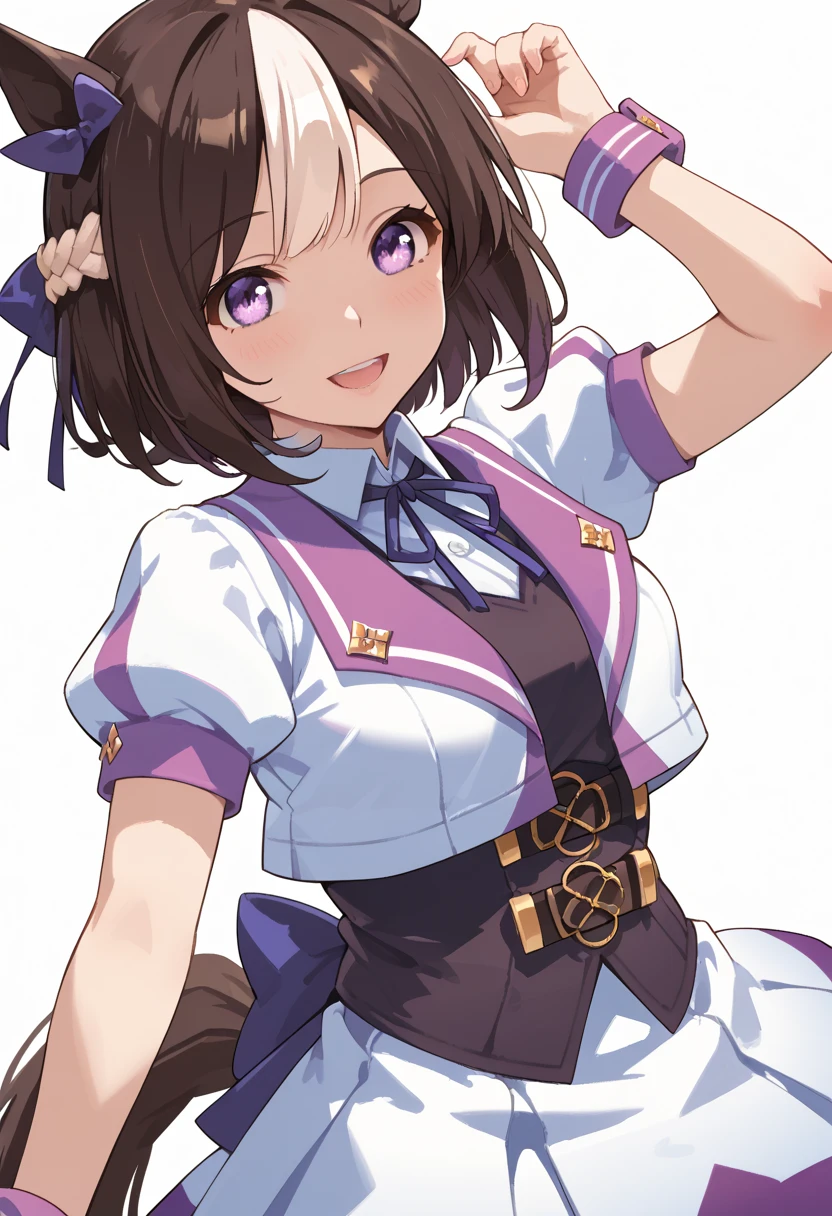 UMASW,horse ears,horse tail,purple eyes,hair bow,short hair,crown braid,brown hair,two-tone hair,multicolored hair,R4CE,white jacket,open jacket,vest,skirt,short sleeves,puffy sleeves,bow on back waist,white background,dutch angle, score_9, score_8_up, score_7_up,source_anime