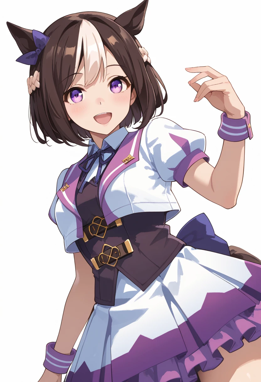 UMASW,horse ears,horse tail,purple eyes,hair bow,short hair,crown braid,brown hair,two-tone hair,multicolored hair,R4CE,white jacket,open jacket,vest,skirt,short sleeves,puffy sleeves,bow on back waist,white background,dutch angle, score_9, score_8_up, score_7_up,source_anime