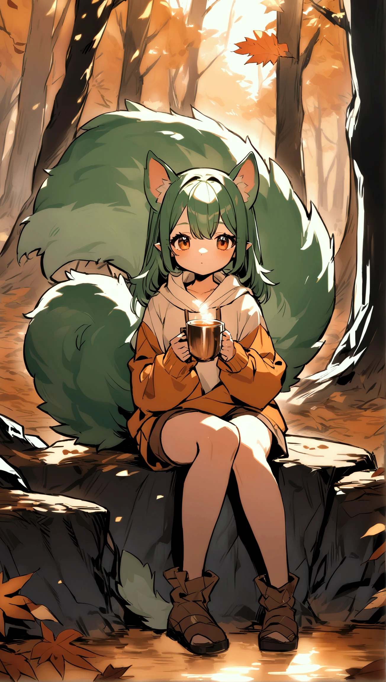  A woman with rounded and furry ears ,  and a large tail striped in reddish and cream colors .  Her hair is short and messy ,  of a burnt orange tone with golden reflections .  her eyes are emerald green ,  and are outlined with a smoky effect that makes them more intense.  She wears an informal set of loose sweatshirt and shorts ,  while in an autumnal forest surrounded by fallen leaves . His pose is relaxed,  sitting on a rock , while her tail wraps around her side ,  and holds a cup of hot tea in her hands .