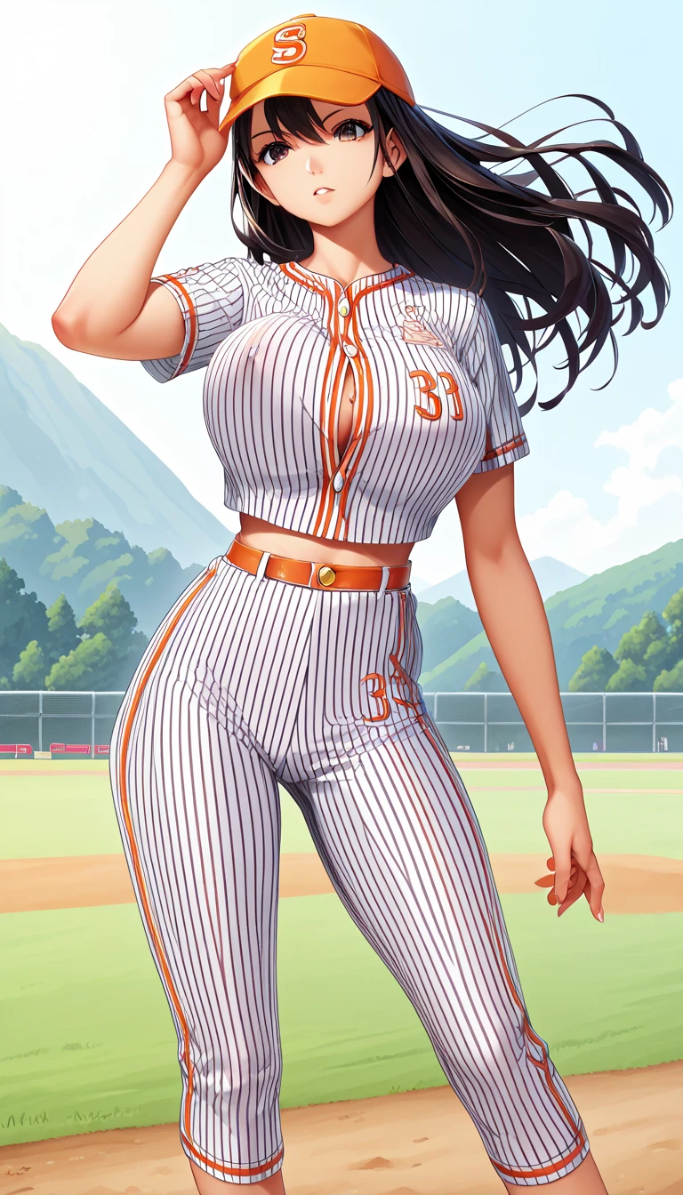 Professional baseball player ，woman， high saturation ，CG Art，pure,  concept art , Lofi Art style，, Lofi Art,  beautiful anime scene, Anime Landscape,  big breasts in okunai,Bouncing Breasts