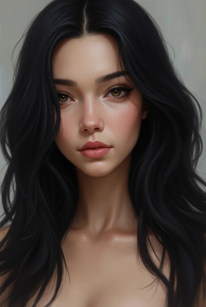 Realistic portrait of a white woman with black hair