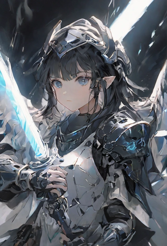   Girl with black hair and blue eyes,  helmet and valkyrie armor ,  with magic sword,  Sci-Fi armor ,  elemental sword , Full plate ,   stabilizing diffusion , TRON style