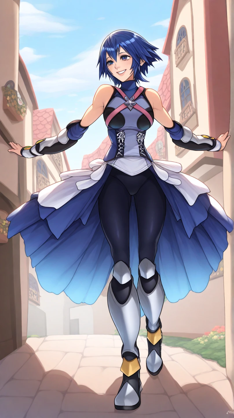  Kingdom Hearts、(((Aqua)))、((whole body))、((full body))、 from the side 1 girl 、((Blue Hair))、 short hair 、Happy face、((town))、((( spats)))、