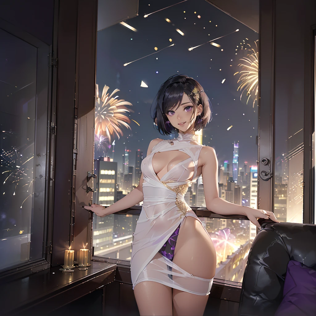 ((shiny eyes, 1girl, milf, standing, sexy pose, ((rukia, short hair, black hair, dark purple eyes, small bust, small breasts)), perfect face,  sharp focus, professional artwork, intricate details)), ((fitness,, shapely body, athletic body, toned body)), ((white dress, dress with gold embroidery, a-line dress, high heels, silver, new year, new year's eve, fireworks, 2025, happy new year, happy 2025, new year's party, window, night, stars, balloons, new year decoration, terrace, buildings, skyscraper, balcony, smug, party, confetti, smug))