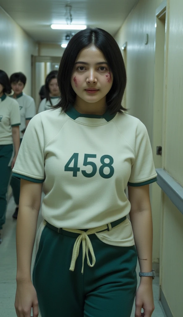  A young woman , black hair with blue stripes ,  He wears a white sports shirt with the number 458 embroidered with a green collar   .  green sweatpants with a green sole hanging around the waist . .  Clothes like in the movie Squid Game .  He has a serious expression on his face and looks directly at the camera with blood on his face. ,  the back of the corridor with three high lights on the ceiling illuminates .  And there are ten people in the same clothes walking behind .  film dust 