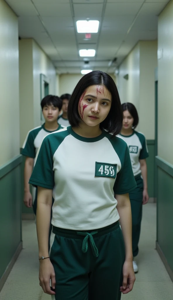  A young woman , black hair with blue stripes ,  He wears a white sports shirt with the number 458 embroidered with a green collar   .  green sweatpants with a green sole hanging around the waist . .  Clothes like in the movie Squid Game .  He has a serious expression on his face and looks directly at the camera with blood on his face. ,  the back of the corridor with three high lights on the ceiling illuminates .  And there are ten people in the same clothes walking behind .  film dust 