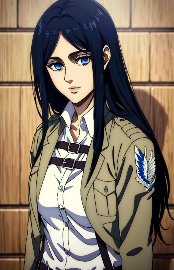 (masterpiece:1.2, best quality), photorealistic, (hyperrealistic:1.2), beautiful, woman from AOT but with long black hair and  blue eyes , she's a doctor , Mappa style ، smiling , she got frieda Reiss eyes ، very beautiful, long hair , she wears a doctor uniform and blck pants 