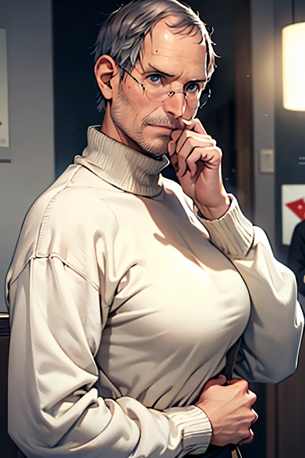 Mr. Steve Jobs, as a man, with large breasts, wearing a turtleneck sweater