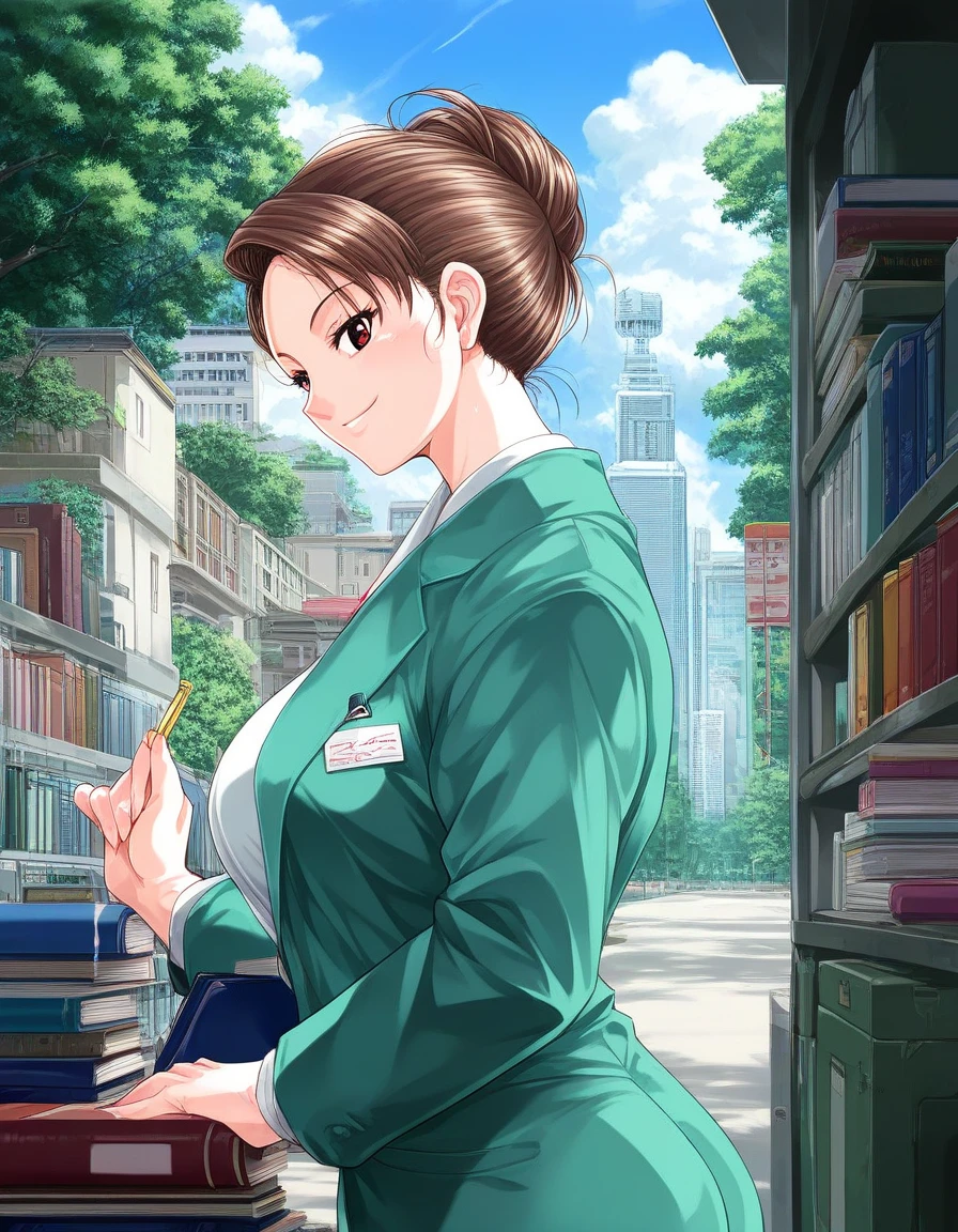 score_9, score_8_ up, score_7_ up,  source_Anime, rating_  explicit, Blake Serizawa Yoshiko,  brown hair,  brown eyes,  Big Breasts.
 from the side 1 girl , Alone, glass, null, day, Books, Outdoors, smile, tree, teacher, formal, cloud,  Building ,  green jacket , ,   Audience  ,