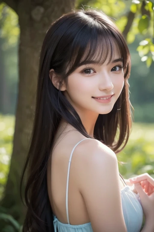 (Masterpiece), ( top quality), ( more details), ( dischevel hair ), ( illustration), ( Girl 1 person), (Interview), (A quick background), beautiful eyes in every detail , 繊細で beautiful faces, floating, ( high chroma), (Shine), faces , black hair, bangs, big smile when looking back, floating Hair. girl , Girl in Love, pixiv illustration, top quality, very detailed, smile, Smart, beautiful faces, 4K, nature, sunlight filtering through the trees,