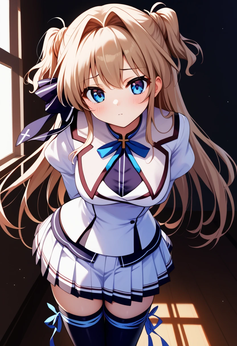 score_9, score_8_up, score_7_up, score_6_up, score_5_up, score_4_up, source_anime, aaairi, long hair, brown hair, two side up, hair ribbon, blue eyes, breasts, school uniform, neck ribbon, white jacket, long sleeves, white skirt, thigh ribbon, black thighhighs, arms behind back, leaning forward, bound, crucified, bound to the crucifix