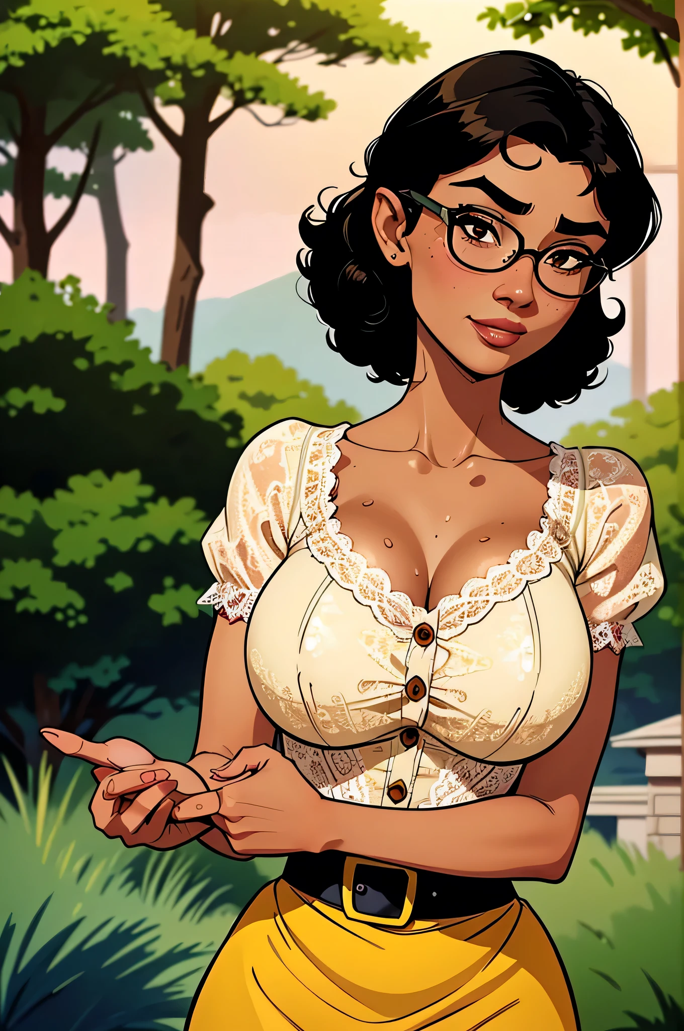 Young sits on the grass reading a book, long black curly hair, wearing glasses, delicate smile, looking up at the sky, lamp light, whole body, under a huge tree, farther view, a tent in the background, starry sky, illuminated night, photographic effect, 8k, super detailed, hyper realistic, naked, Best quality, masterpiece, big , (large breasts), detailed skin texture, detailed cloth texture, detailed face, super detail, 8k, intricate detail, 1girl, 30 years old, high contrast, high resolution eyes, naked