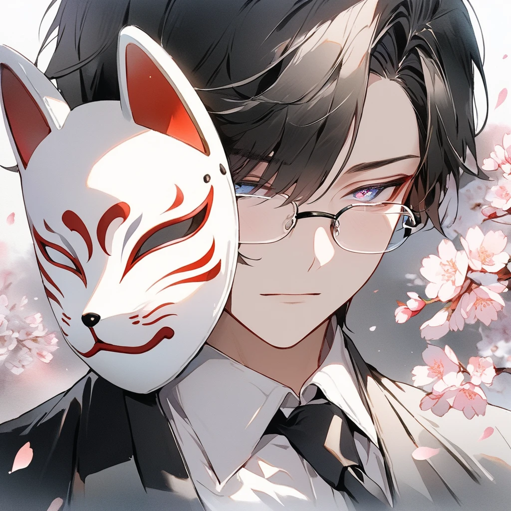 (1boy, male, male性), Alone, portrait, black hair, swept bangs, rimless eyewear,  black necktie, black jacket, white shirt, fox mask, cover your face with a mask, cherry blossoms, white fox on the background, half-closed eyes, Contrast, professional quality, high resolution, high quality, [[multicolored eyes<reflection]], [[multicolored eyes<glass-like watercolor painting]], delicate writing,