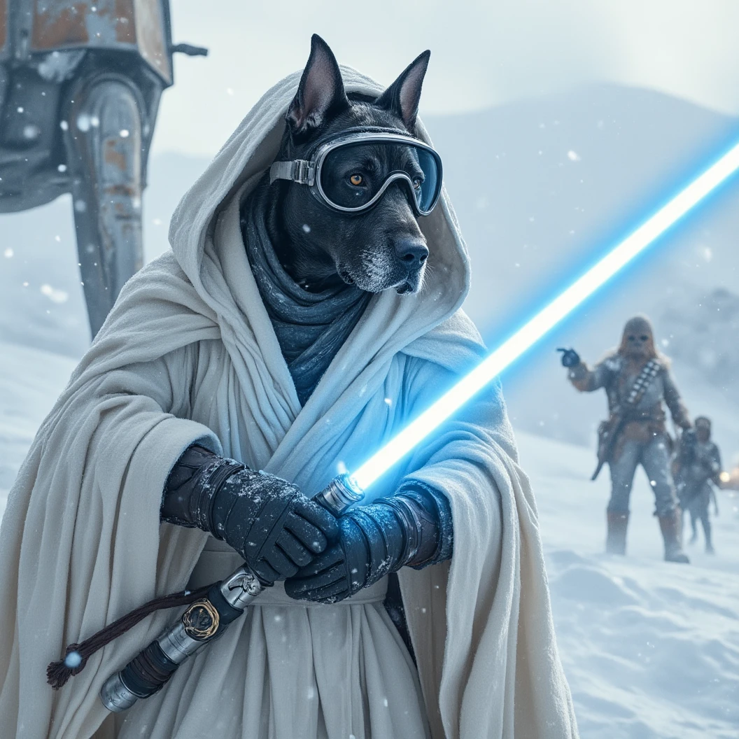 A huge black humanoid Great Dane Dog donned in snow white winter jedi robes with a hood and attire. She wears big snow goggles and mittens. A scarf on her neck. Wielding a blue Jedi Lightsaber. Doing a cool movie poster dynamic pose. Dynamically posing. The name "Obi Wan". Chewbacca in the background dynamically pointing frantically at a large At-At coming in the background. High Resolution, Masterpiece, Hyperdetailed, Digital Art, Depth Of Field, Image Fill, Floating Particle, Dynamic Pose 