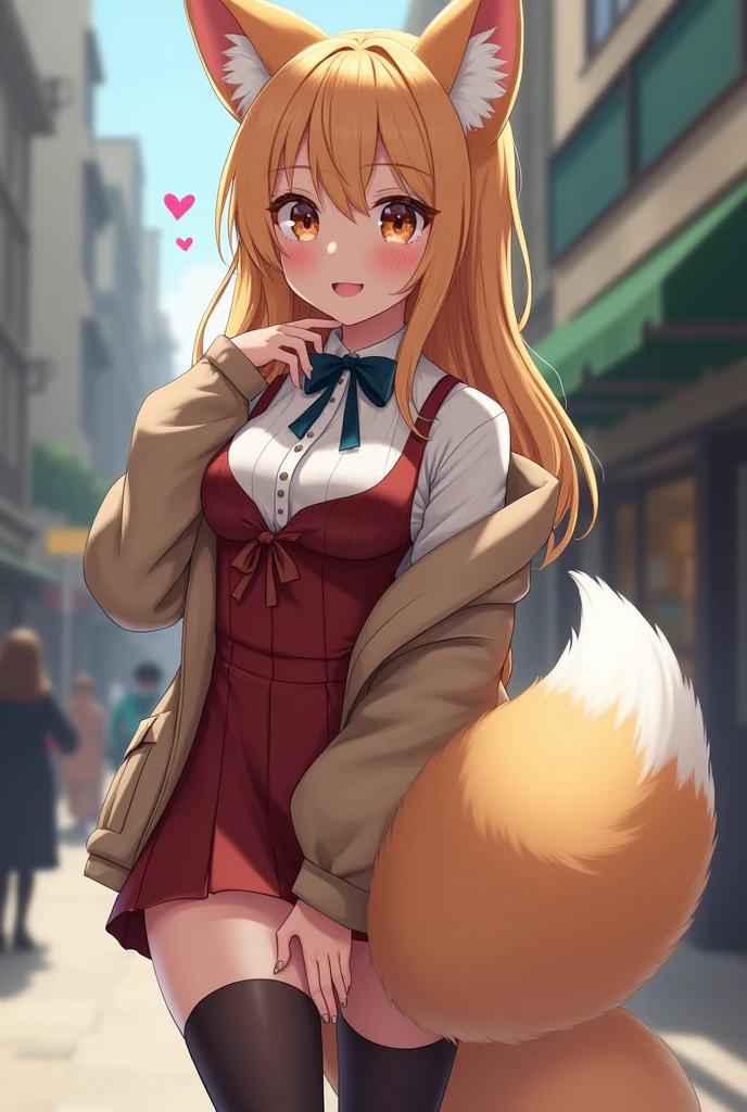 <lora:holo:1>, holo, masterpiece, best quality, absurdres, 1girl, looking at viewer, standing, cowboy shot, shirt, medieval, city, street, neck pouch, fang, smile, slender, tail