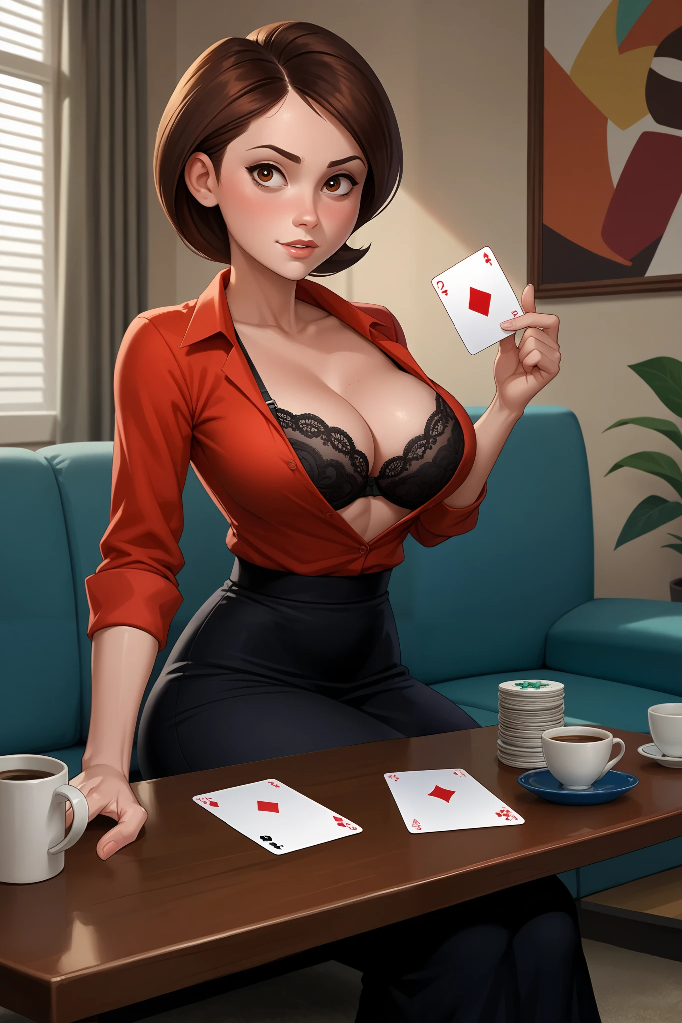 Helen Parr, sitting on a sofa, [black skirt, Red blouse, black bra, is undressing, in a living room, a coffee table, There is a board game . big breasts, hypnotized eyes, There is a card game on the table. look at the viewer. She is holding a letter. there are dice on the table. 