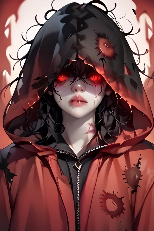 1girl, black hair, messy hair, pale skin, hood over eyes, curse mark, red marks, modern, black hood, red eyes, glowing eyes