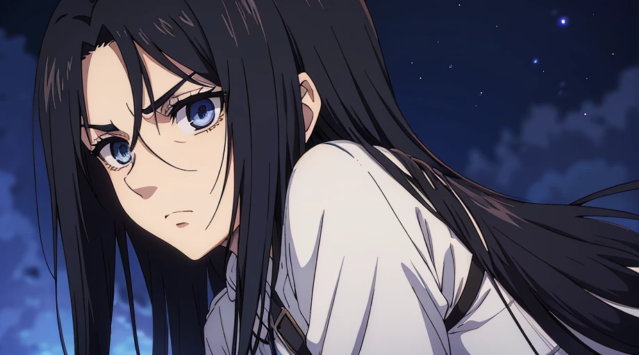 Woman, Mikasa Ackerman, very long hair, (black-hair: 1.3), scowling, sideburns, scowling, angry expression, black bangs with black hair on the forehead, very long hair, long black hair and blue eyes, dressed in the uniform of the Survey Corps, small eye size, slender face shape, white linen shirt, black pants, thigh strap, white linen shirt, has slanted eyes and an upturned nose, medium-sized breasts, toned body, only, black bangs with brown hair on the forehead, very long hair, long black hair and blue eyes, has Asian eyes and an upturned nose, night background, only, lips, only, masterpiece, medium shot, portrait, highly detailed, best quality, dramatic lighting.

