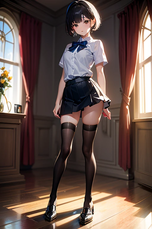 ((Correct Anatomy)),((School stairs)),((Standing posture)),((((Sailor suit)))),((Beautiful feet)),((White lace panties)),((A shy smile)),((mini skirt)),((Black Pantyhose)),((black tights)),((garter belt)),((high school girl)),Ultra-high resolution,Mature Woman, Mature Woman, Very detailed,Extremely fine skin,Beautiful Skin,((Sweating all over the body)),(Big Breasts),((Beautiful legs)),Perfect hands, Detailed fingers, Beautiful details, ((Long black hair)),((ponytail)),Black choker, Earrings,loafers,Luxury,Perfect Eyes, Captivating eyes