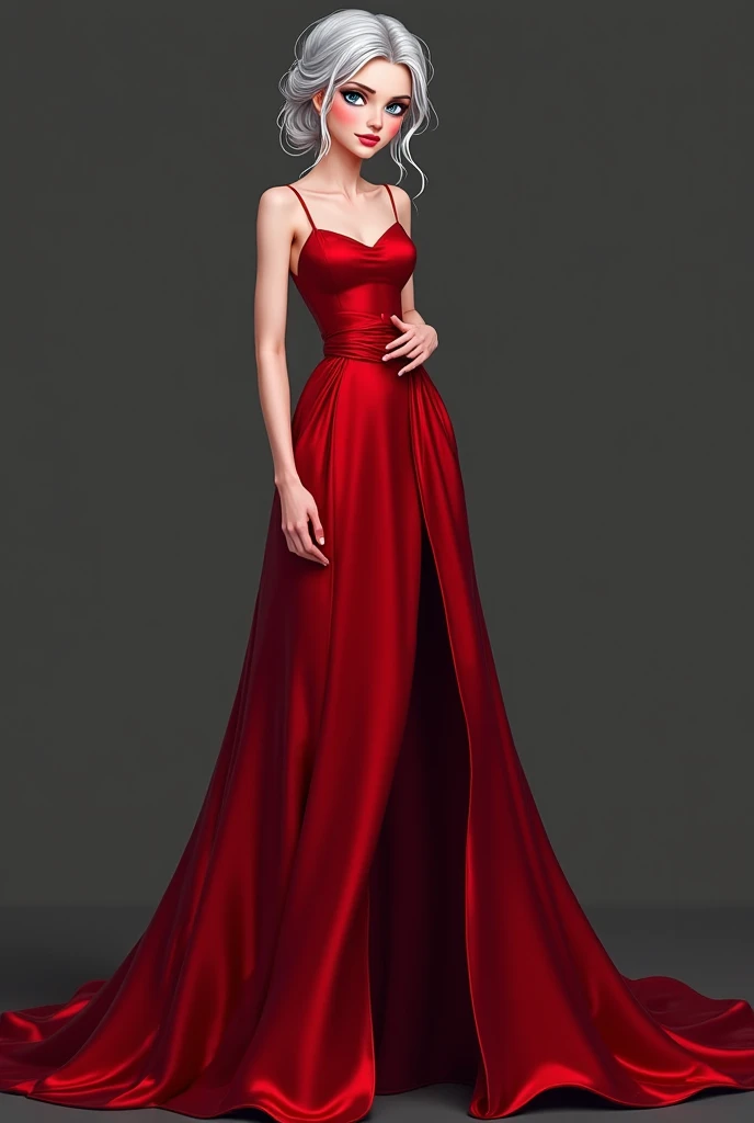 Red dress with fluttering sleeves halfway up the arm, tight on top and with a long glitter skirt.
