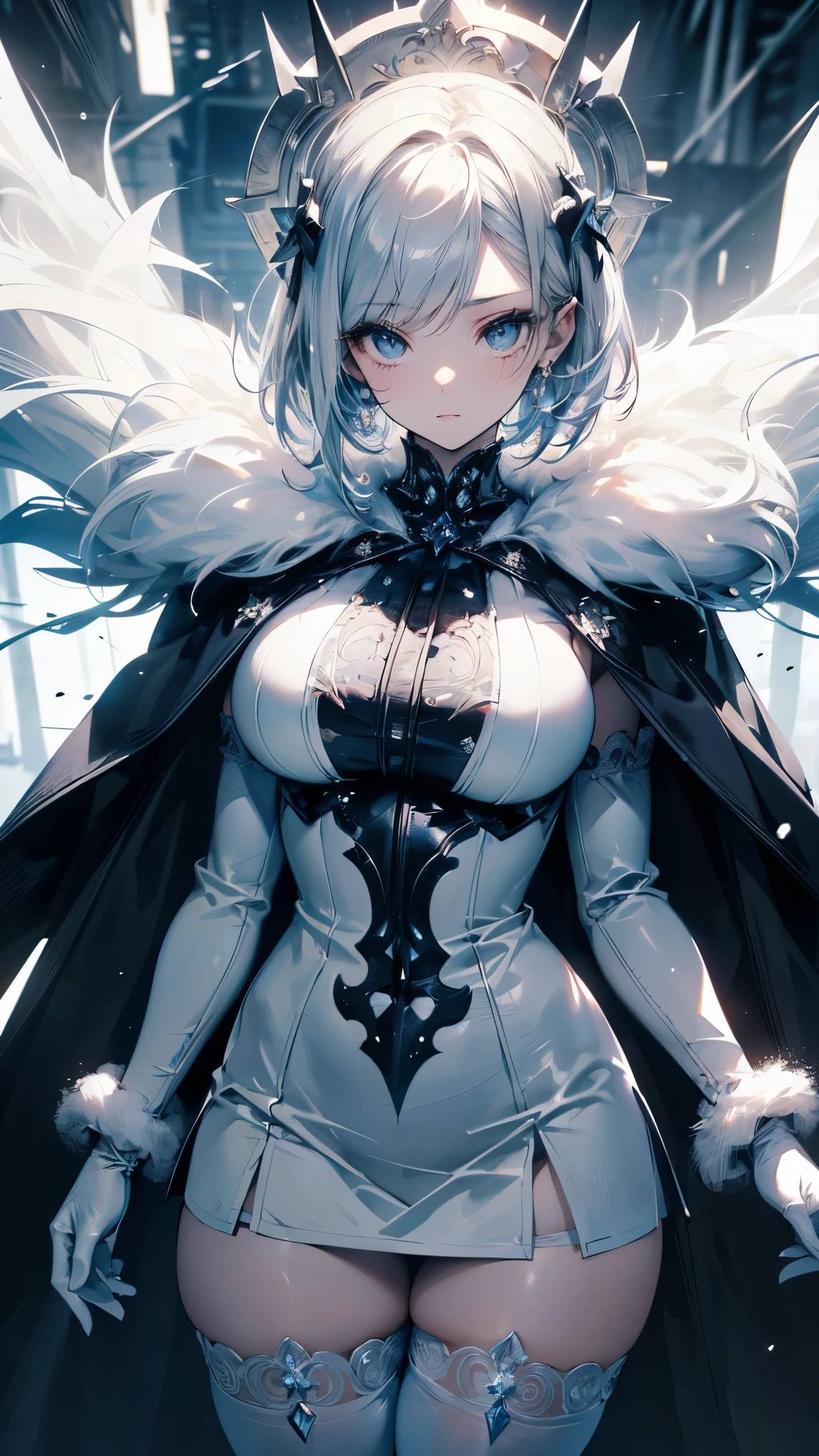female, solo, young, sexy body, voluptuous figure, tightsuit, white hair, decolored blonde hair, ice effects around, ice queen, beautifull face, long hair, defined body, yellow and bright eyes, thick legs, strong legs, tall, Voluptuous legs, huge ass, big hip, big ass, female sorcerer, blue and black robes,