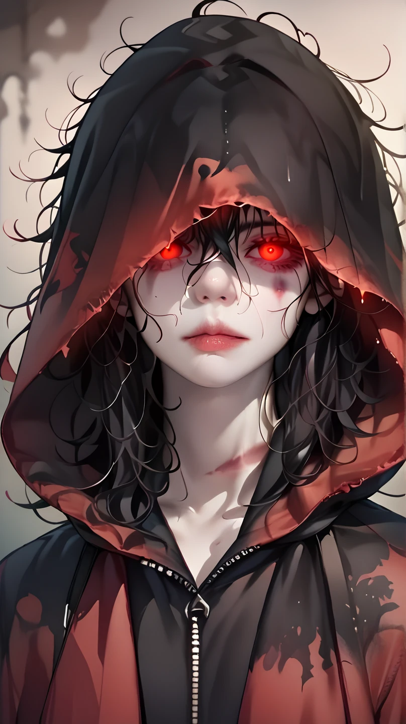 1girl, black hair, messy hair, pale skin, hood over eyes, curse mark, red marks, modern, black hood, red eyes, glowing eyes