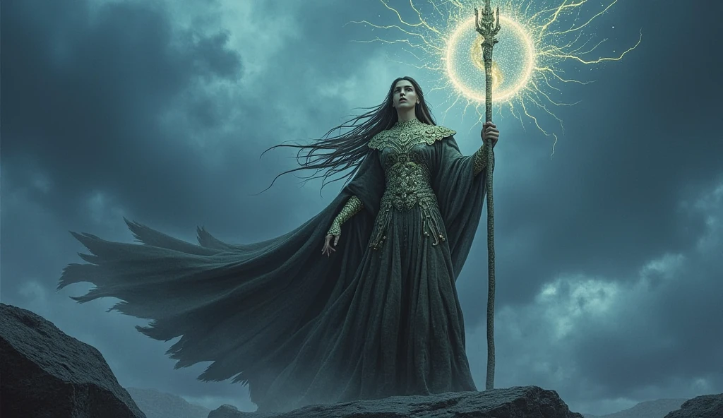 "Standing tall in the ancient robes of mammoth cloth, Deepeka12 extends her staff into the stormy skies, her eyes glowing with an ethereal light. The air crackles with energy as she chants in a forgotten tongue, summoning a spell so powerful that it bends time and space itself. The mammoth cloth, woven with runes of protection, ripples as the magic swirls around her, drawing the attention of mystical creatures and unseen forces."