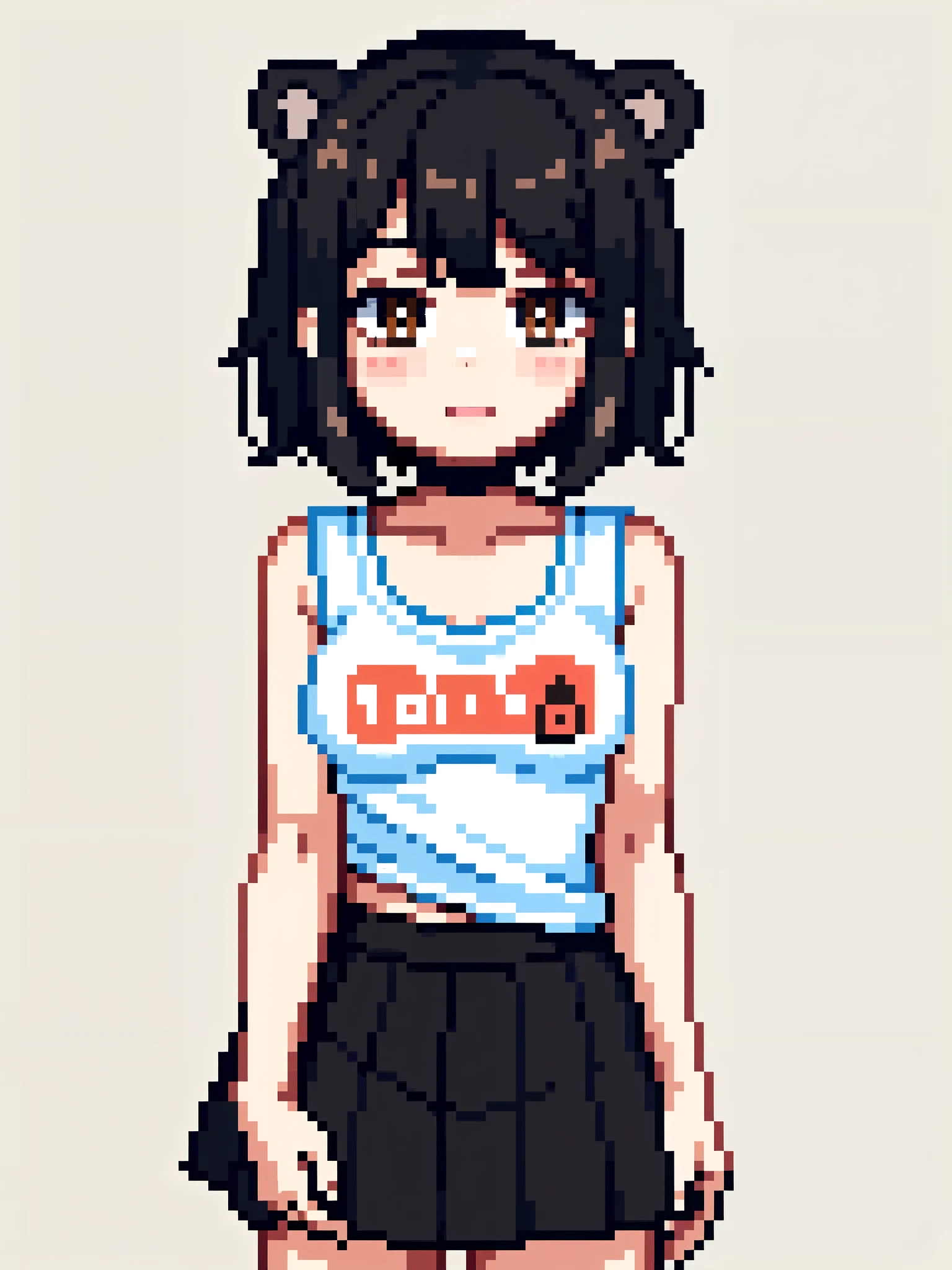 Raw photo, 1girl, flat chested, nipple outlines under tshirt, body, small boobs, tshirt white with cute brown bear on it, black hair wolfcut hairstyle, brown eyes, ahegao expression, blushing on her cheeks, seducing expression, short skirt