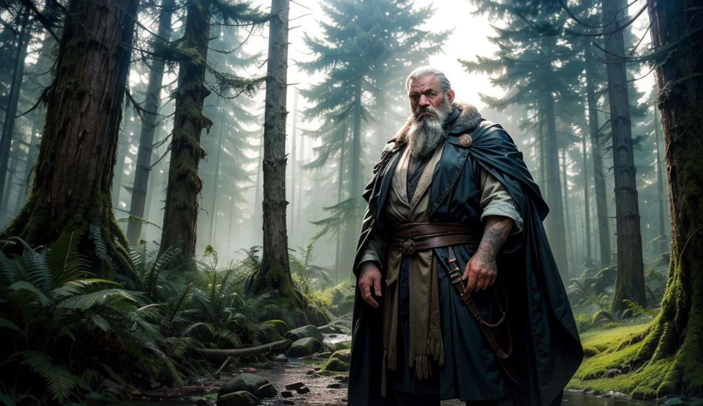 A mysterious and dense ancient forest at dusk, with towering,  and thick fog swirling through the air. In the foreground, a weathered man with a long gray beard, his eyes wide open and filled with deep wisdom, stands on a narrow, overgrown path. His expression is calm but filled with quiet resolve. He's wearing a tattered, faded cloak, blending in with the shadows of the forest. Behind him, a s eerie figure with glowing green eyes lurks partially hidden among the trees, watching him intently. The figure is human-shaped but shrouded in  its form not fully distinct, as if it belongs to the   The light is dim, casting l with mist rising from the forest floor, creating an ethereal atmosphere. The trees around them are tall and gnarled, their branches twisted and intertwined, covered in patches of moss. The sky above is a mix of and blue, with the last rays of the sun just barely peeking through the dense canopy. The colors in the image are   with highlights of green from the glowing eyes of the mysterious figure and the   illuminating the man’s face."neat and clean