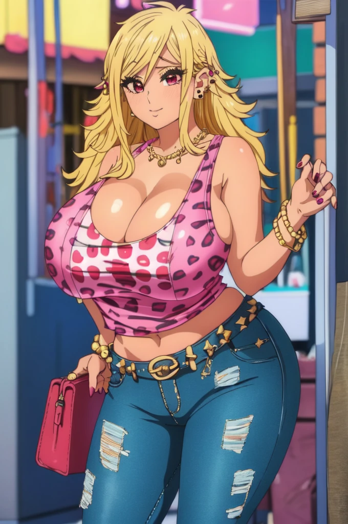 ((best quality)),((highly detailed)),masterpiece,absurdres,detailed face,beautiful face,(detailed eyes, deep eyes),1girl,  Tomo, ((red eyes)), sky, day, cloud,looking at viewer, open clothes, standing, Gyaru, Big breast, ((full tanned skin)), Glossy lips, a lot of earpiercing, Necklace with heart shape,Bracelet, Half eyes expression, Smirk, feminim,((1girl)),((Solo)),Spouty mouth,Thick lips,colored Long nail,Stylish thick wavy hair,Celeb wavy hair,Tight tights,H cup,Gyaru rings,((Big bouncy breast)),Curvy figure,Half eyes open expression,((((tank top)))),cleavage,Solo,Heart shape emote,Detailed hand,Thick lips,half eyes,Humongous Breast,Dangerous cleavage,Stand out cleavage,Eyelash,((yellow blond colored hair)),Colorless lips,Enchanched breast,Show off cleavage,Body facing front,Gaze on viewer,Stud earring,Needy girlfriend,Needy bitch behaviour,Chocker,Detailed hand,Crossing hand,Swaying hips,puckered lipa expression,1hand crossing arm,white collar,Cleavage,pink leopard tank top,lowrise thin pants,Blunt hair bang,on the street waiting for her boyfriend