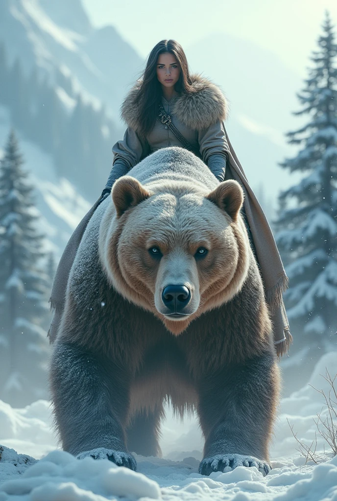 Girl sitting on a Russian bear, and behind her are Russian flags and mountains, and she holds a bear on the furrow and runs. And the girl is beautiful, Attractive.