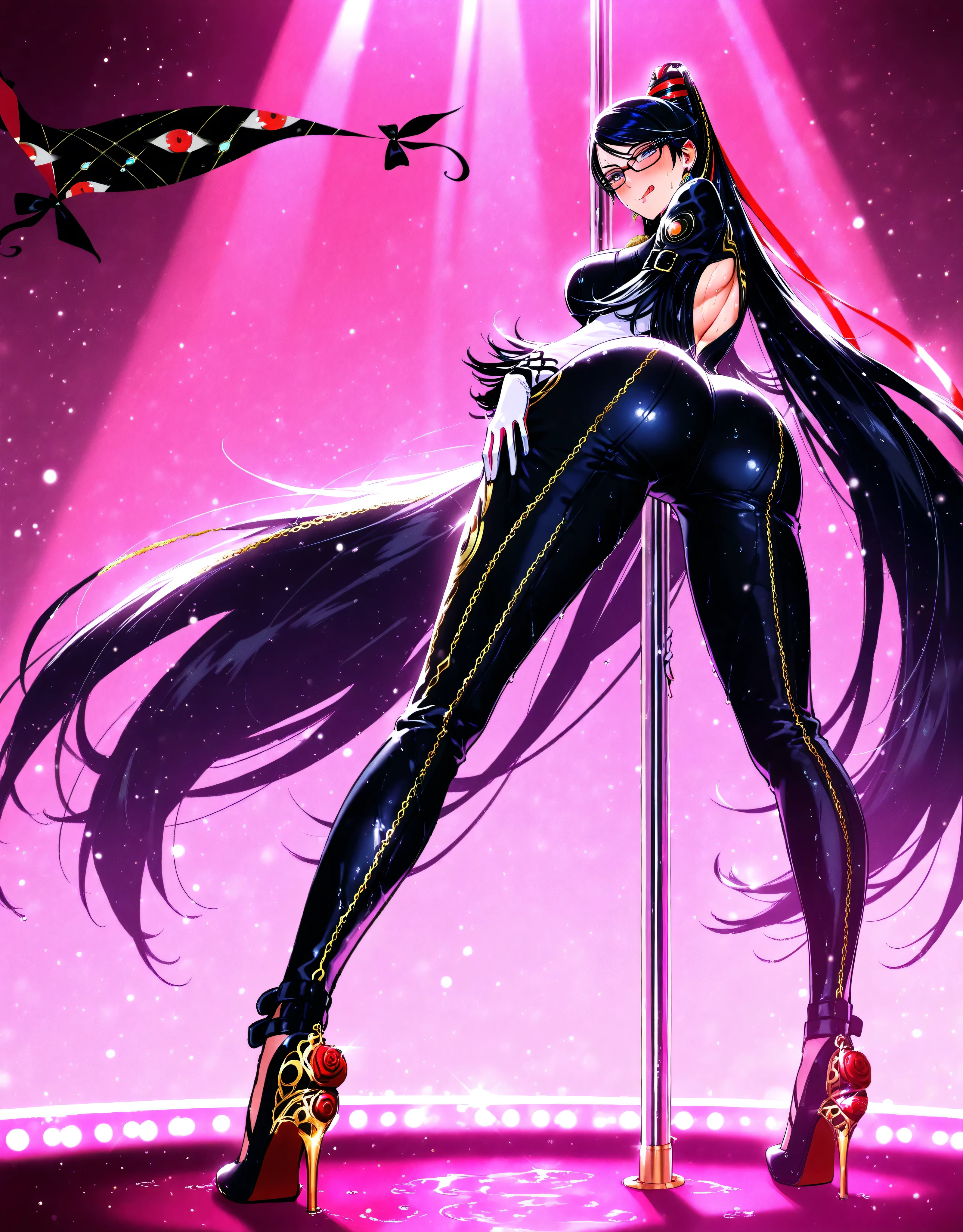 1 girl, Bayonetta, Bayonetta 1 suit, smile, axila, wet, sweat, blush,  backlight , naughty face, pink background, (skin texture:1.2),  curvilinear , reflector,  light particles , 
squatting, ( pole dance:1.5),  High Definition, High quality, full body, high heels