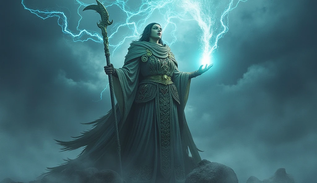 "Standing tall in the ancient robes of mammoth cloth, Deepeka12 extends her staff into the stormy skies, her eyes glowing with an ethereal light. The air crackles with energy as she chants in a forgotten tongue, summoning a spell so powerful that it bends time and space itself. The mammoth cloth, woven with runes of protection, ripples as the magic swirls around her, drawing the attention of mystical creatures and unseen forces."