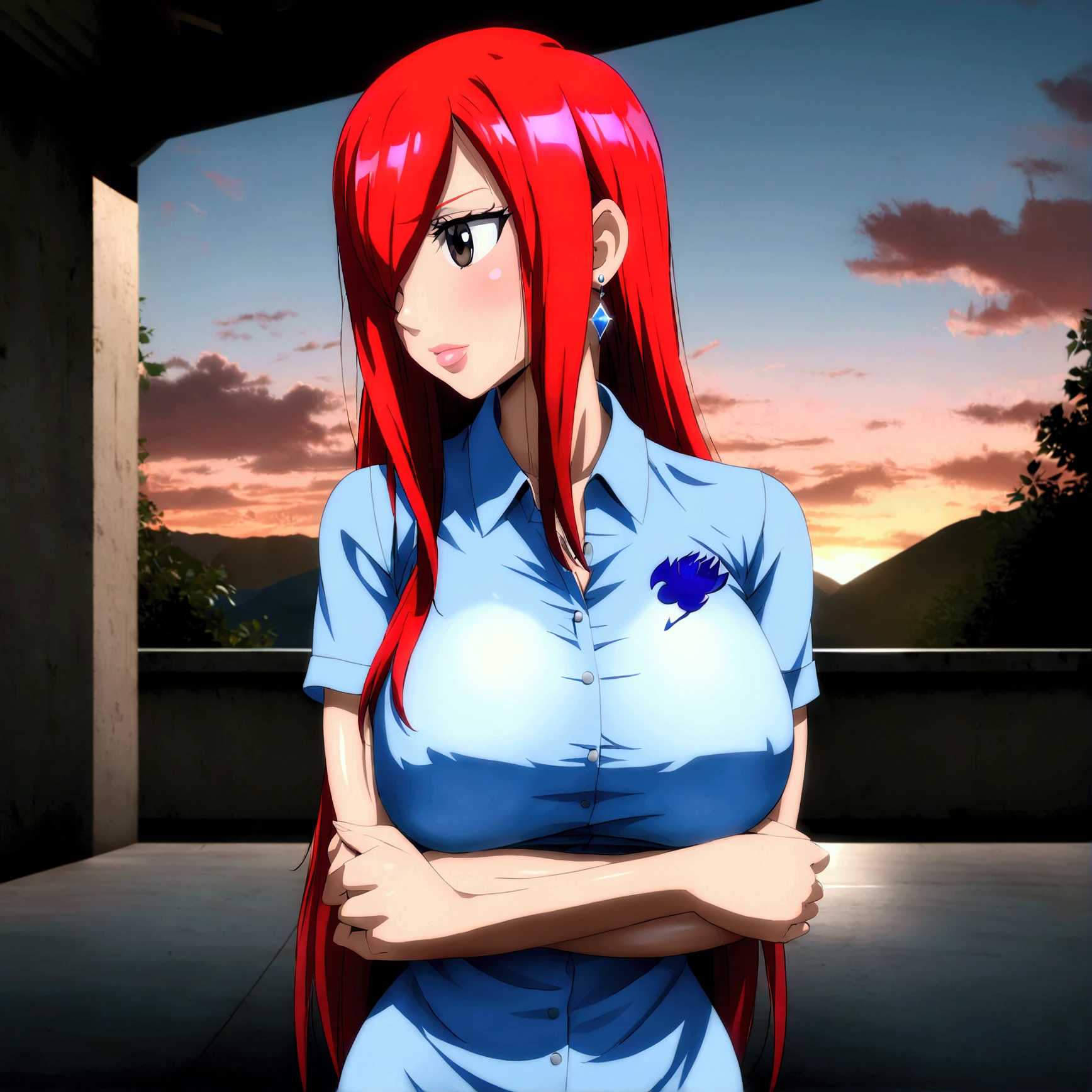 (masterpiece, top quality, best quality), 4k, perfect-lighting, symmetrical face, solo, Erza Scarlet, devastating look, red hair, breasts, blue skirt,white sleeveless shirt, cowboy shot