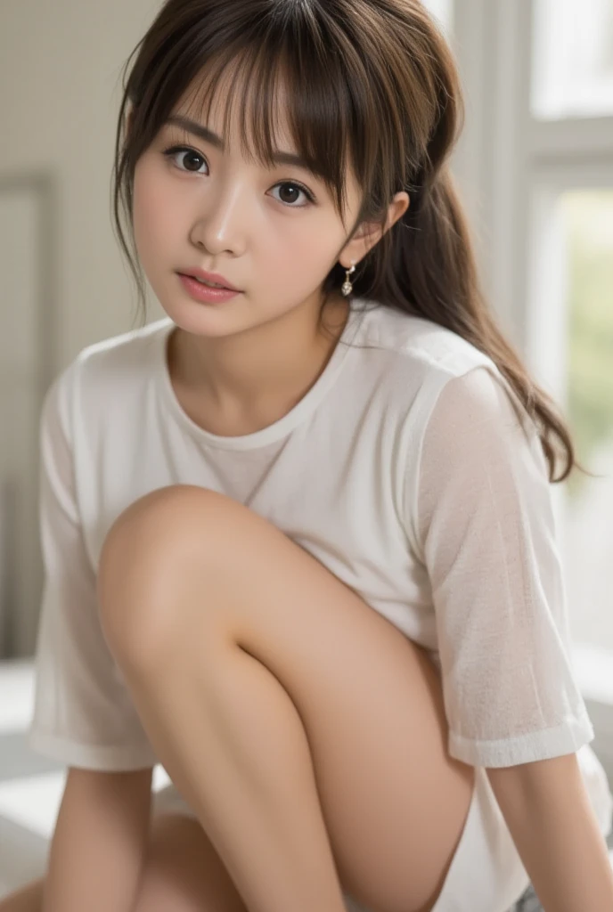 Blonde Straight Hair、In a camisole、On the bed、bright expression、Young shiny shiny white shiny skin、Best Looks、shiny light hair、a small face、cute 18yo girl